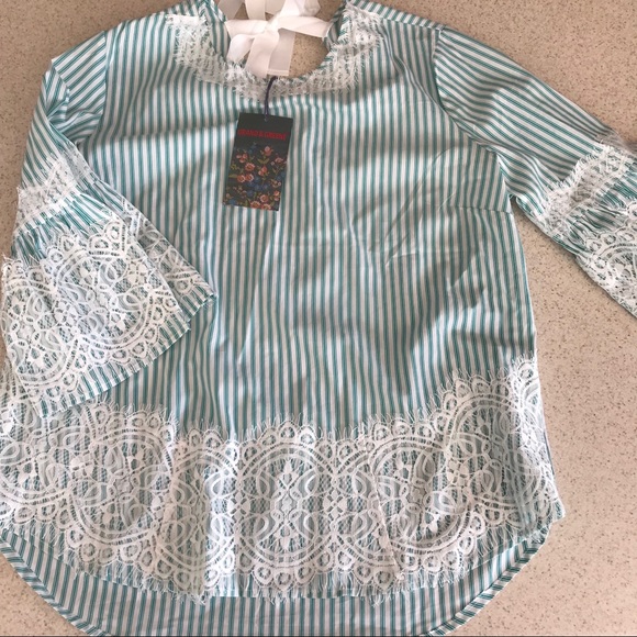 grand & greene Tops - NWT Lace Teal & White Striped Top